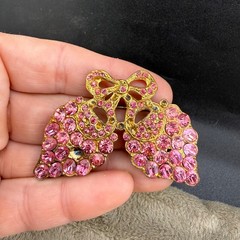 Vintage Pot Metal Rhinestone Brooch Pink Grapes Flowers Bow Gold Tone READ