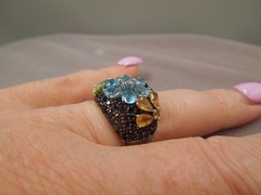 JTV Gold Sterling Silver Spinel Blue Topaz Citrine Peridot Flower Ring NIB Sz 7