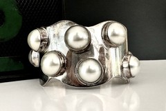 Mexico Southwest Sterling Silver Bracelet Pearl 925 Vintage Signed Modernist 77g