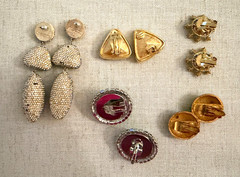 5 Pair Signed & Unsigned Gold & Rhinestone Earrings, Bauble Bar, Marvella, SAL