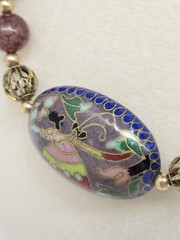 Dragon Vein Agate Bead W/ Cloisonne Enamel Pendant Necklace 18″ Sterling Clasp