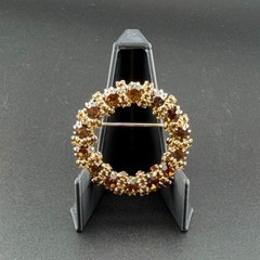 Weiss Brooch Pin 1.5in Amber Topaz Rhinestone Gold Tone Circle Wreath Vintage