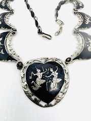 Large Siam Niello Sterling Silver Bib Necklace 43gm Signed Vintage Jewelry