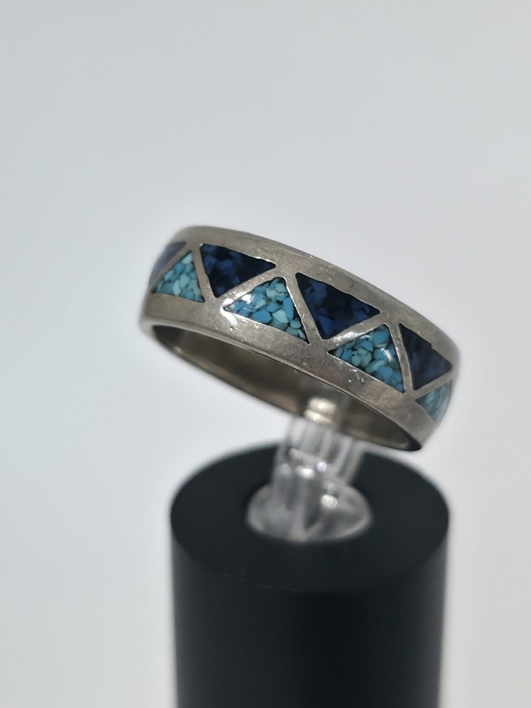 Vtg Silver-Tone Turquoise/Blue Chip Triangle Inlay Band Ring Sz 8 Southwestern