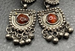 Vintage Boho Tribal Silver Tone Dangle Earrings Green Red Gemstone