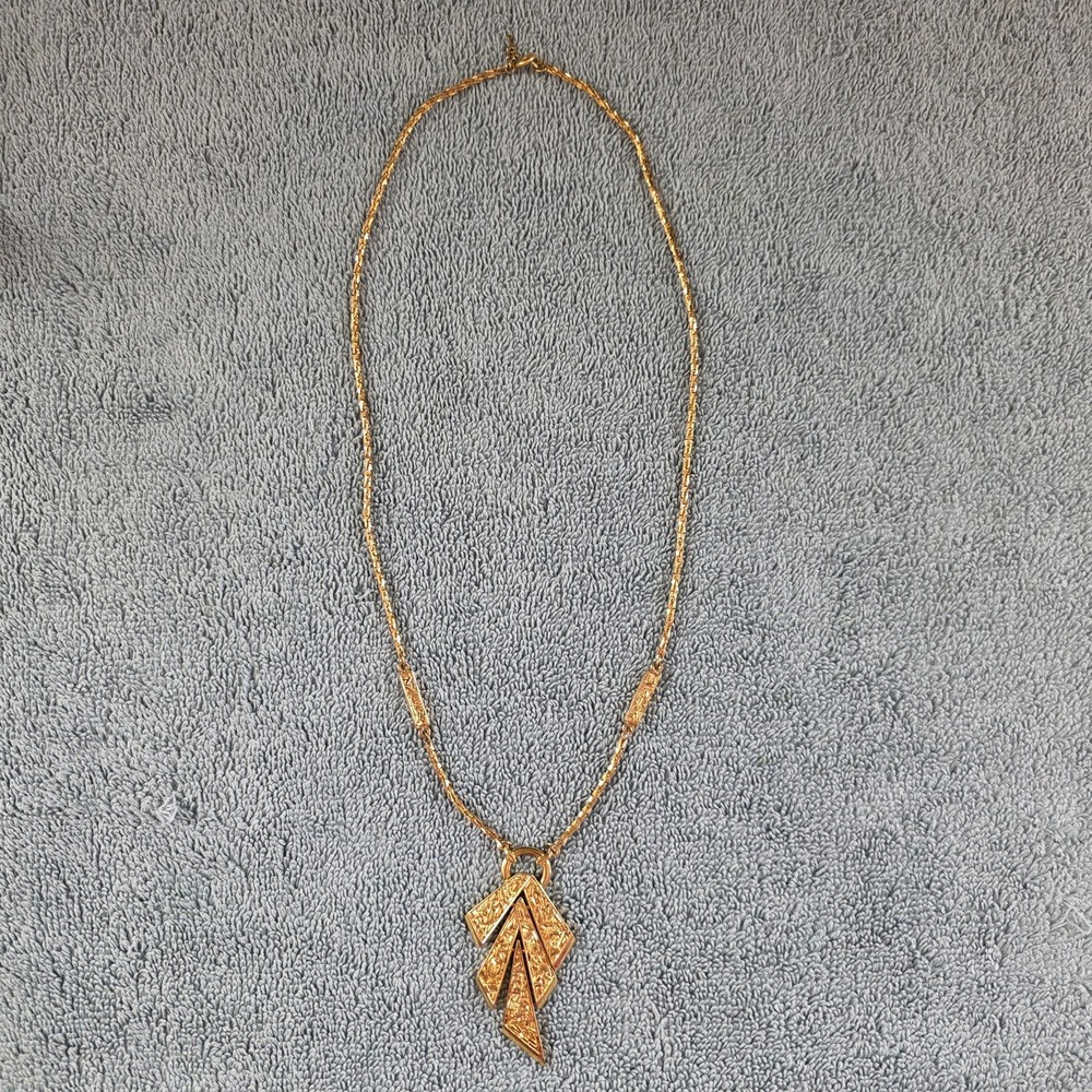 Vintage Crown Trifari Necklace Modernist Pendant Gold Tone, 23 Inches, Signed