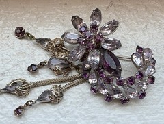 Vintage Estate Flower Brooch Rhinestones Amethyst & Clear Dangle Prong Set