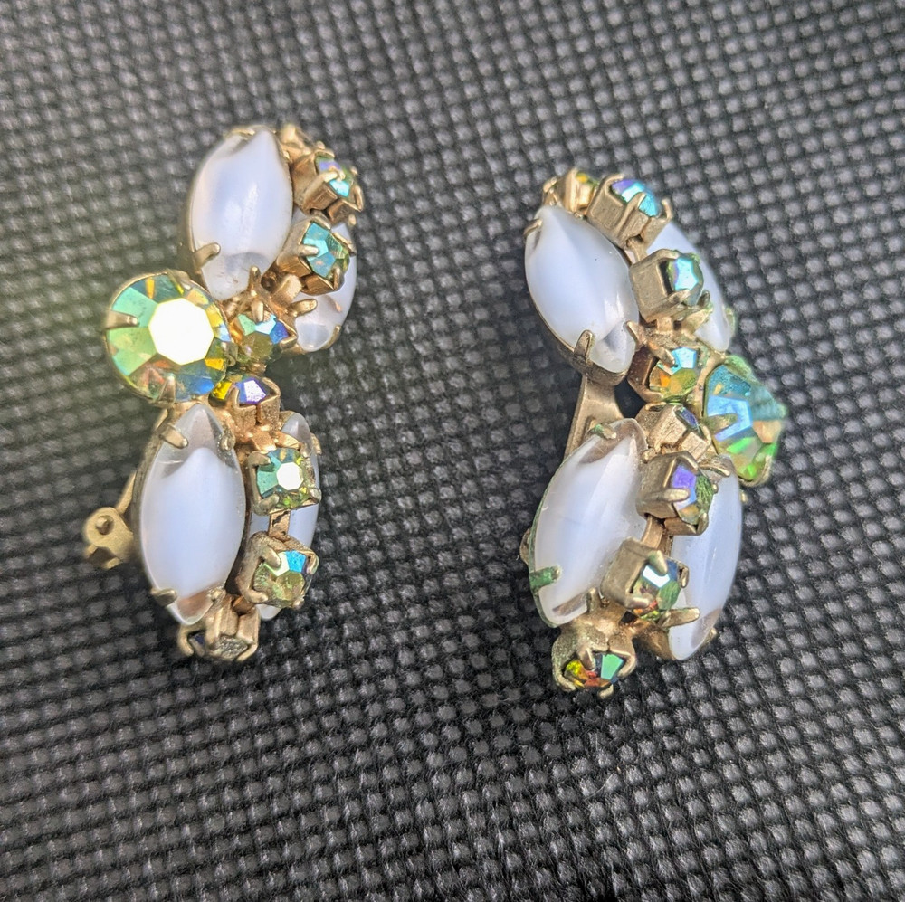 Vintage Ear Sweeps/Climbers Clip On Blue Milk Glass Aurora Borealis Rhinestones