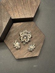 Large WEISS Smoky Gray Clear Crystal Rhinestone Brooch & Clip Earrings SET