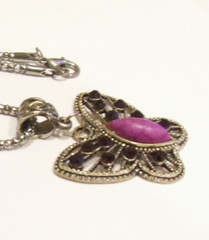 Vtg Butterfly Purple Howlite,Red Ab Crystals ,Plated Silver Tone Metal Necklace