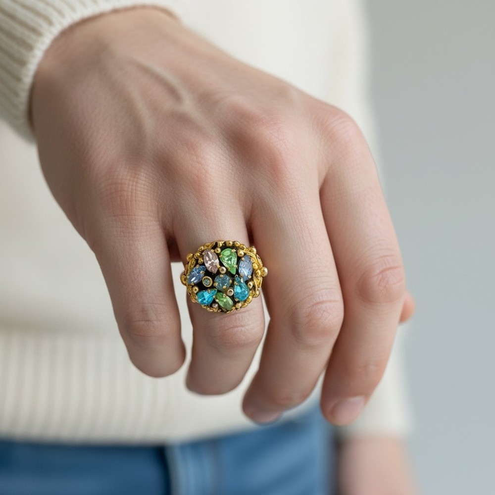 Vintage Signed Barclay Uranium Glass Ring Pastel Rhinestone Cluster Adjustable