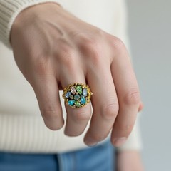 Vintage Signed Barclay Uranium Glass Ring Pastel Rhinestone Cluster Adjustable
