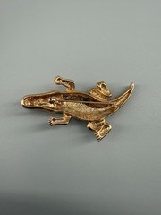 Vintage Gold Tone Alligator Crocodile Brooch Rhinestone Red Eyes Pin Open Mouth