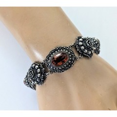Antique PERUZZI Florence 800 Silver Ornate Rosette Faceted Citrine Link Bracelet
