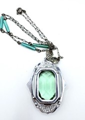 Large Art Deco UG Uranium Glass Rhodium Plated Filigree Necklace Vintage Jewelry