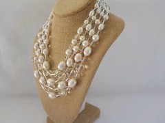 Vintage Four Strand Faux Pearl Bead Necklace Clear Plastic Gold Tone Metal Oval