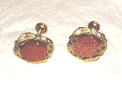 Vintage Screwback Goldtone Copper Glitter Cabochon Earrings Old Estate Jewelry