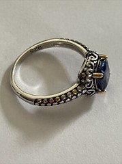 Simulated Square Blue Sapphire Stone Ring Scrolls & Beading on Band Size 8