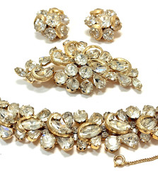 KRAMER NY Gold Tone Half Circle Clear Rhinestone Bracelet, Brooch & Earring Set