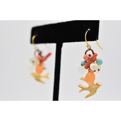 Vintage Beaded Earrings Dove Bird Brushed Gold Tone Multi-Color Dangle BinAB