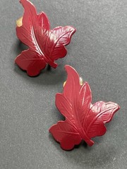 Vintage 1.1” Red Fall Maple Leaf Enameled Gold Tone Clip Earrings