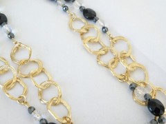New Sterling Silver 925 Gold Over Black Stone Chunky Statement Necklace 36″