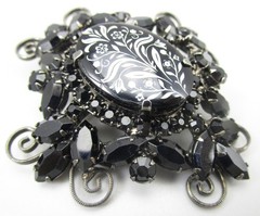 BEAUTIFUL DELIZZA & ELSTER JULIANA JAPANNED JET RHINESTONE ART GLASS BROOCH PIN