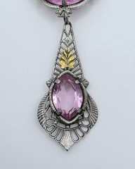 Antique Art Deco Lavalier Pendant Necklace Pink Glass Filigree Edwardian