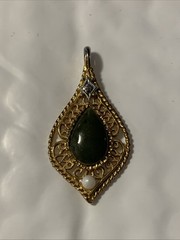 Vintage 1974 Gold Filled Jade Diamond And Pearl Filigree Pendant