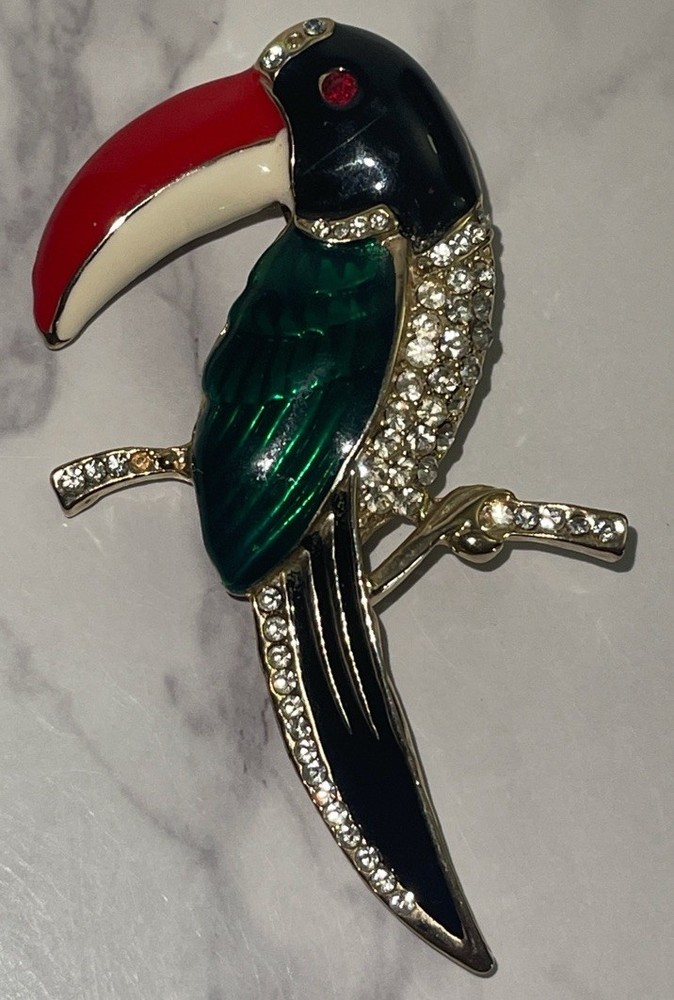 Vintage Toucan Bird Rhinestone Gold Tone Enamel Brooch Pin Gar5-23