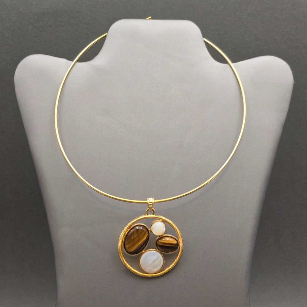 Vintage Joan Rivers Tiger Eye Omega Necklace 12″ Gold Choker Pendant
