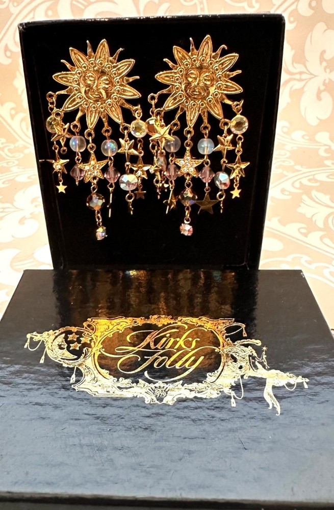 Vintage Kirks Folly Celestial Clip Earrings Goldtone Sun Stars Iridescent Beads