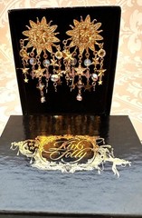 Vintage Kirks Folly Celestial Clip Earrings Goldtone Sun Stars Iridescent Beads
