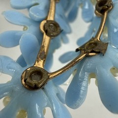 MCM Plastic Earrings Climbers Half Moon Clip On Blue Floral Rhinestone 3” Vtg