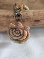 Vintage Carved Stone Rose Pendant Beaded Carnelian Agate Jasper Necklace