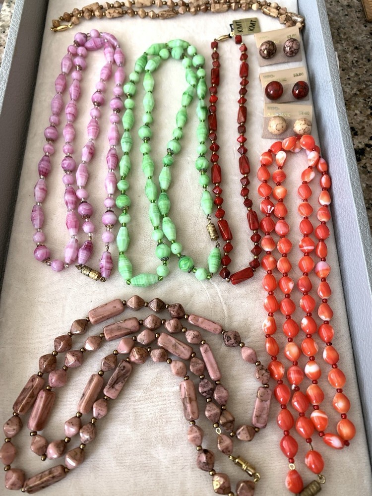 5 Vintage Glass Beaded Necklace Multi Colors Lot 60’s 70’s Old Store Stock