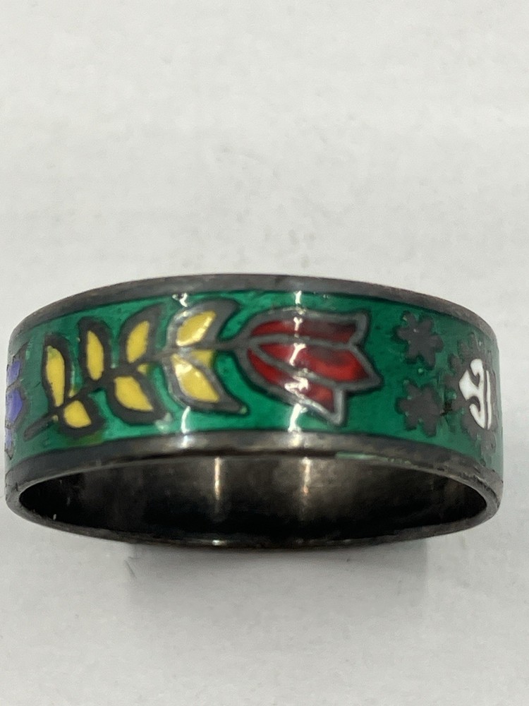 Vintage Enamel Ring Floral Siam Sterling Cloisonné Niello Band 925 Size 6.5