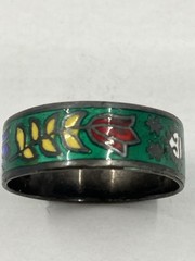 Vintage Enamel Ring Floral Siam Sterling Cloisonné Niello Band 925 Size 6.5