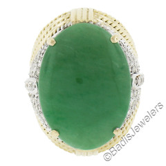 Two Tone Gold Oval Cabochon Jade w/ 0.60ctw Diamond Twisted Wire Cocktail Ring