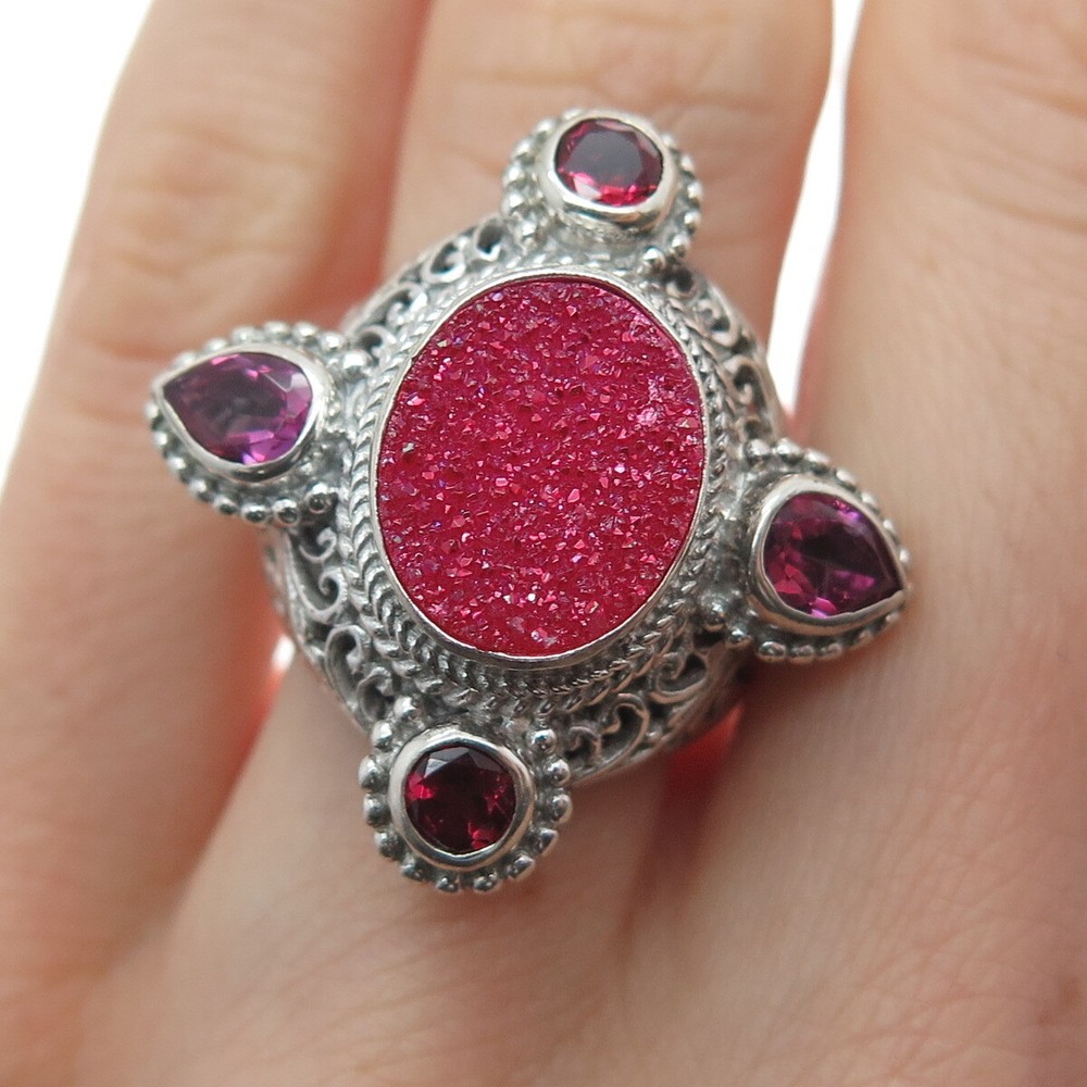 SARDA 925 Sterling Vintage Real Druzy Pink Topaz & Tourmaline Ring Size 5.25