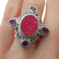 SARDA 925 Sterling Vintage Real Druzy Pink Topaz & Tourmaline Ring Size 5.25