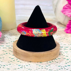 Vintage Hand Painted Wood Floral Cuff Bracelet Burgundy Red Folk Art