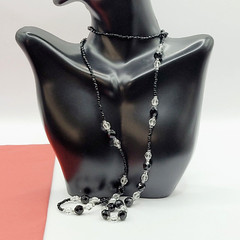 Modern Art Deco Black Clear Cut Crystal Bead Silver Tone Vintage Necklace 31 in