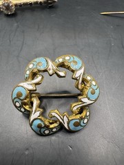 Antique Victorian Brooch Lot of 5 | Chinese Kingfisher Feather Jewelry | Enamel