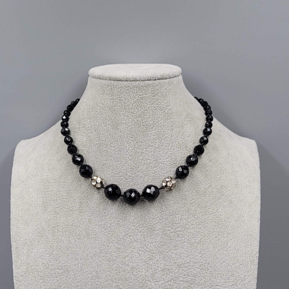 Vintage Black Glass Rhinestone Necklace Silver tone 15″-16.5″