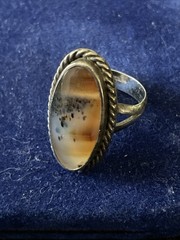 Native American Pawn Silver Montana Agate Ring size 8 1/2, 1 1/8” long, 7.2 g