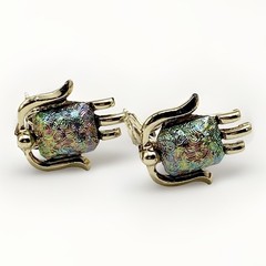 Vintage Guilloche Peacock Iridescent Tulip Clip On Earrings Oil Slick Gold Tone