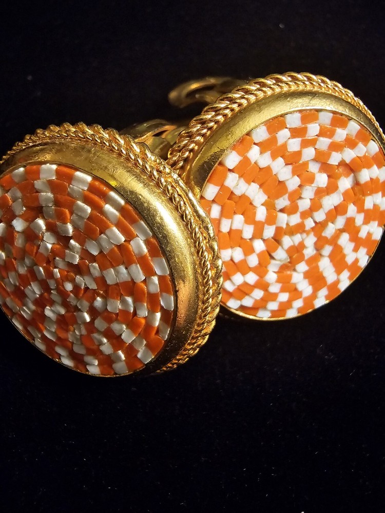 Mosaic Italian Clip Earrings Orange and White
