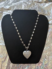 Vintage Silver Tin Rose Style Heart Locket with Tiny Hearts Link Chain 🩶
