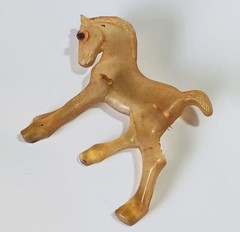 Vintage Early Plastic (Lucite?) Amber Foal Colt Young Horse Brooch 2.25″